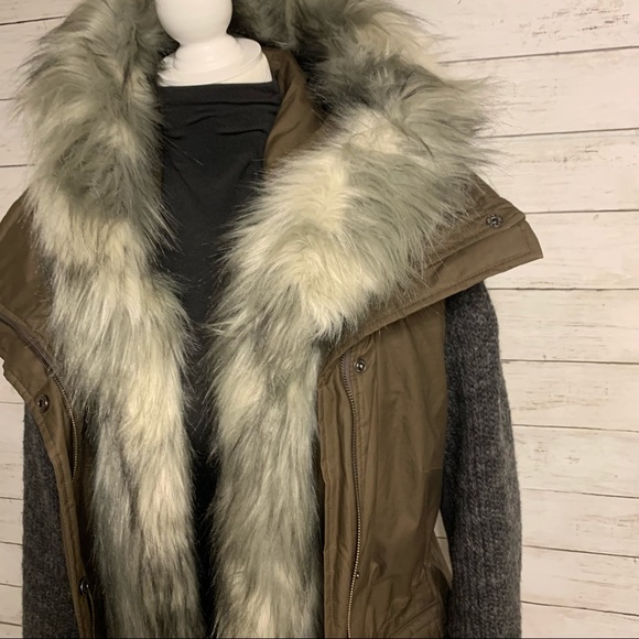 Vera Wang Green Khaki Faux Fur Trim Mixed Media Parka - Picture 15 of 17